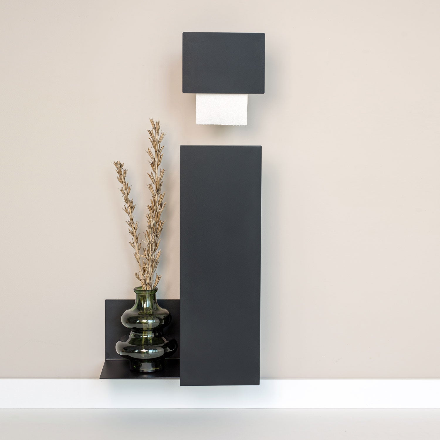 black minimalist toilet set with toilet paper roll holder and brush holder