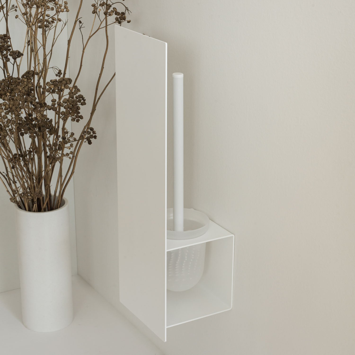 white small toilet brush holder with  no drilling option