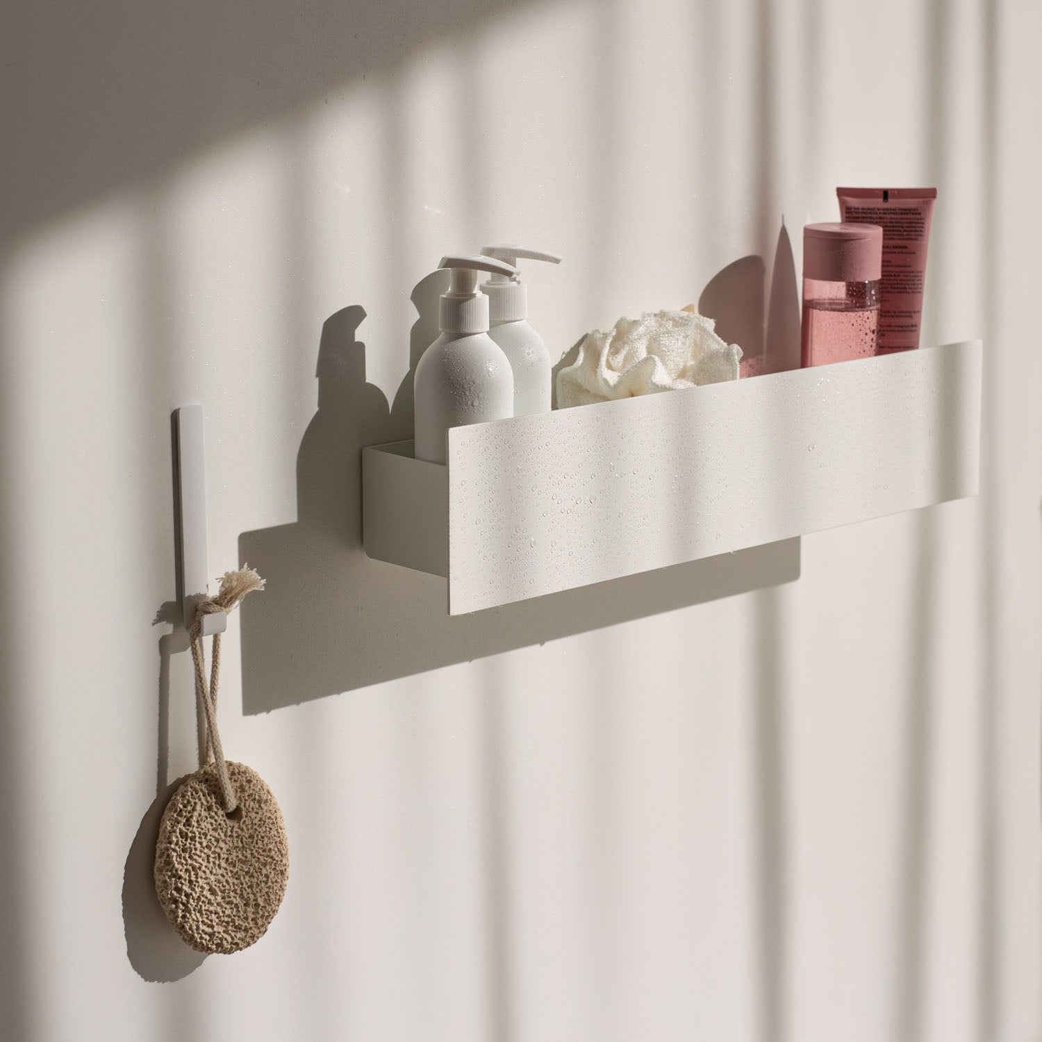 white drill free hook with shower shelf